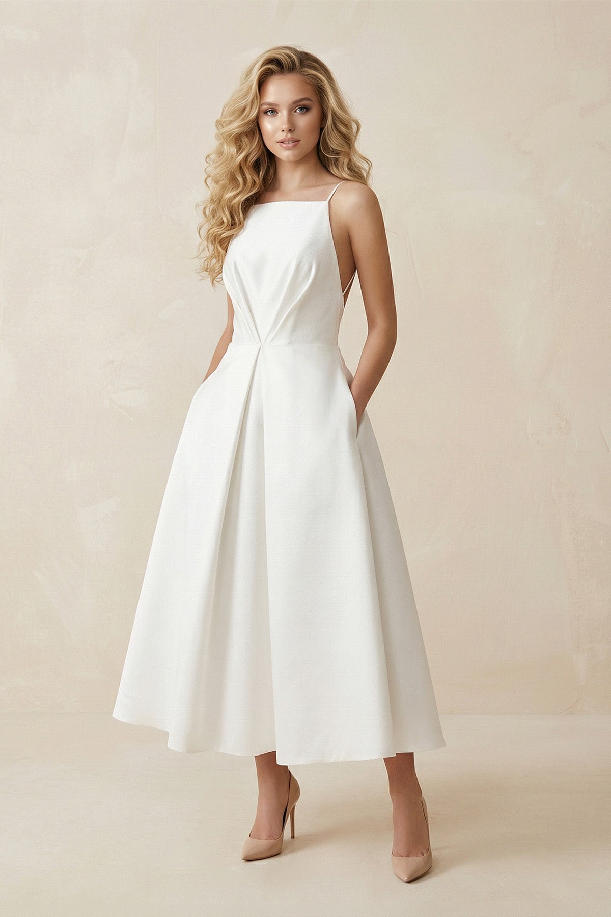 Robe de mariée blanche trapèze en satin à fines bretelles col carré - Harana