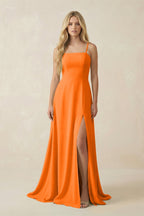Robe longue orange en mousseline coupe trapèze à fines bretelles - Harana