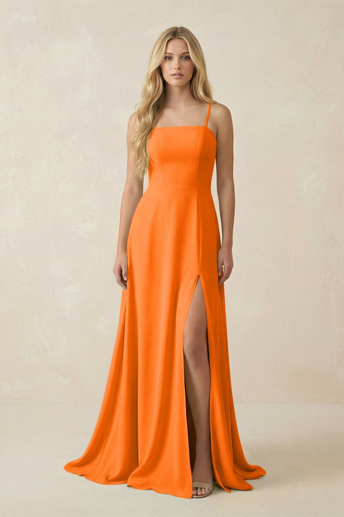 Robe de demoiselle d’honneur orange cannelle longue en mousseline silhouette trapèze à fines bretelles - Harana