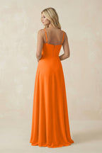 Robe longue orange en mousseline coupe trapèze à fines bretelles - Harana