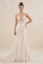 Robe de mariée ivoire coupe sirène à fines bretelles ornée d’appliqués - Harana