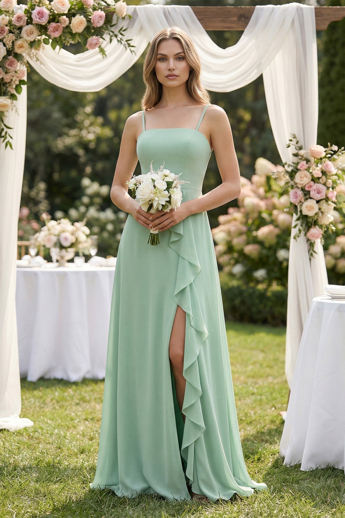Robe demoiselle d’honneur pale pistachio longue à fines bretelles sans manches avec fente - Harana