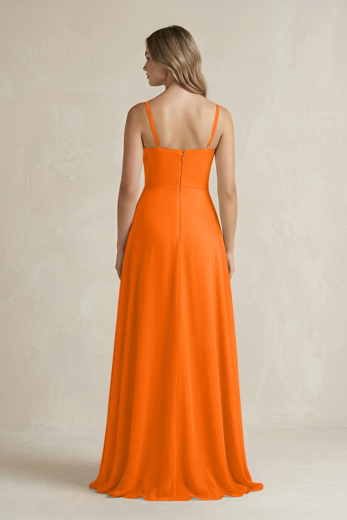 Robe longue orange en mousseline coupe trapèze à volants à fines bretelles - Harana