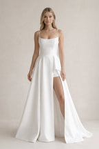 Robe de mariée blanche trapèze en satin à fines bretelles sans manches - Harana