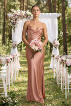 Robe demoiselle d’honneur rosette longue à fines bretelles sans manches froncée - Harana