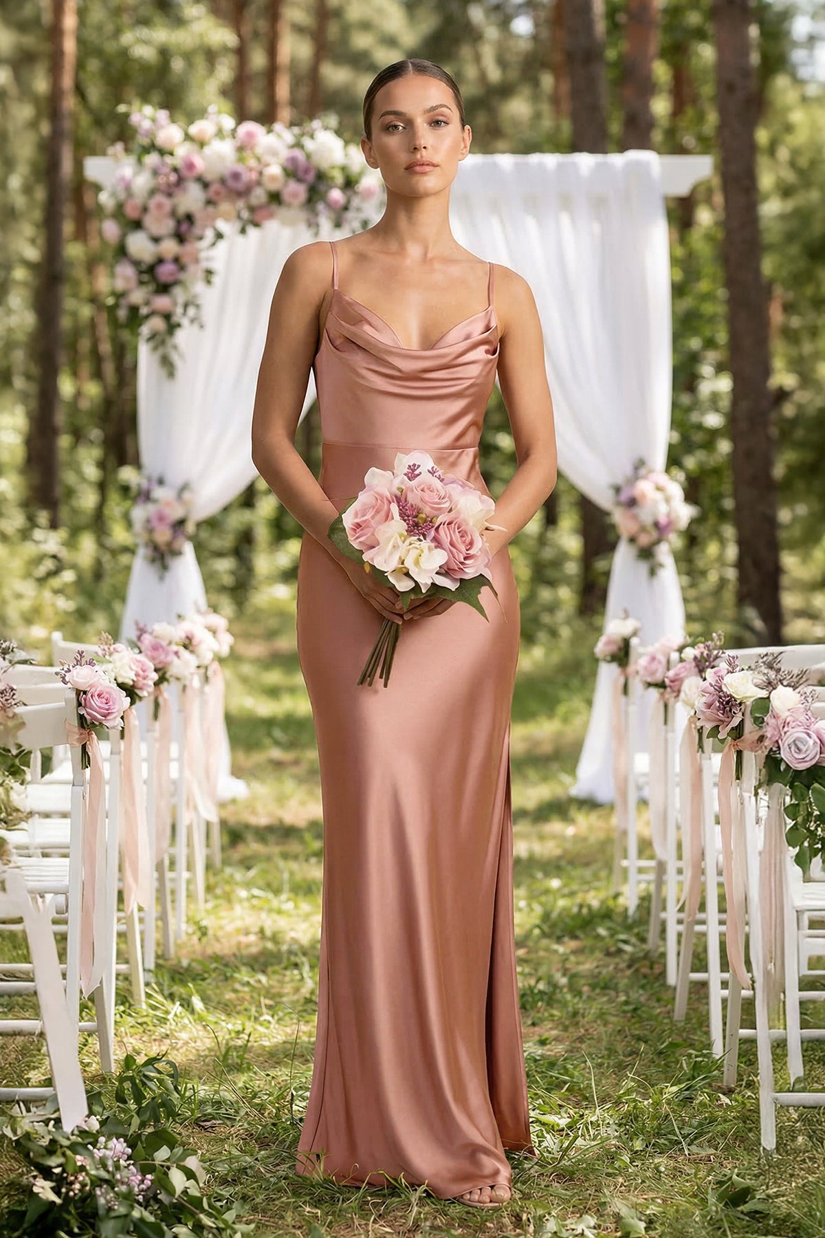 Robe demoiselle d’honneur rosette longue à fines bretelles sans manches froncée - Harana