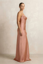 Robe demoiselle d’honneur rosette longue à fines bretelles sans manches froncée - Harana