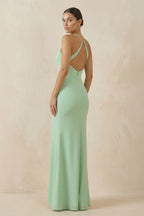 Robe demoiselle d’honneur pale pistachio longue à fines bretelles sans manches avec fente - Harana