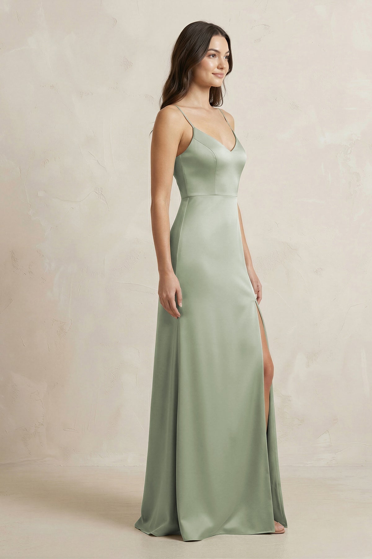 Robe demoiselle d’honneur dove gray longue à fines bretelles sans manches avec fente - Harana