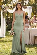 Robe demoiselle d’honneur dove gray longue à fines bretelles sans manches avec fente - Harana