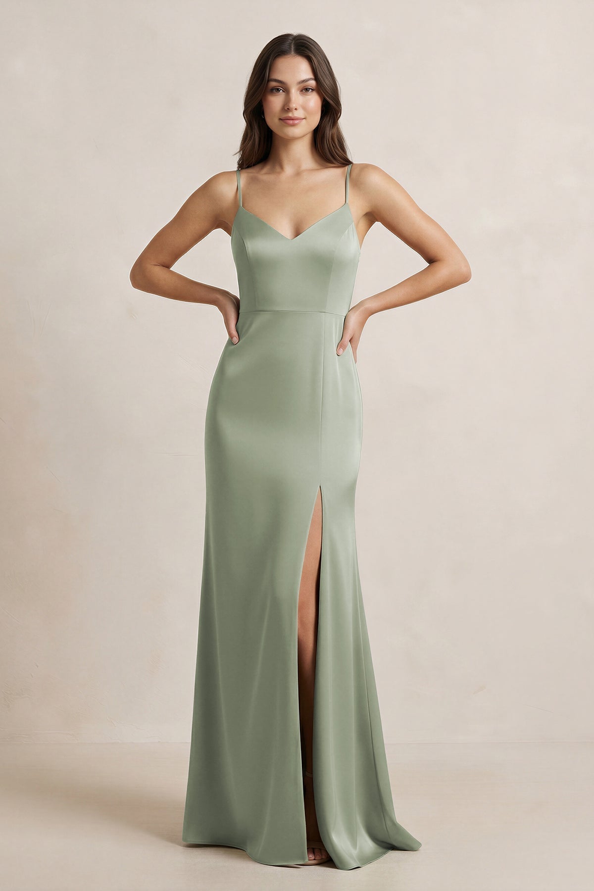 Robe demoiselle d’honneur dove gray longue à fines bretelles sans manches avec fente - Harana