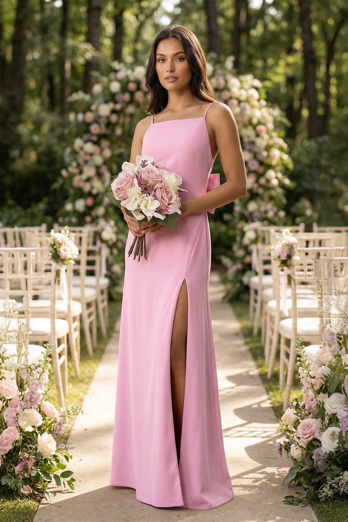 Robe demoiselle d’honneur rose longue à fines bretelles sans manches avec nœud - Harana