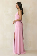 Robe demoiselle d’honneur rose longue à fines bretelles sans manches avec nœud - Harana