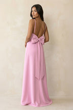 Robe demoiselle d’honneur rose longue à fines bretelles sans manches avec nœud - Harana