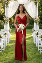 Robe demoiselle d’honneur spice longue à fines bretelles sans manches avec fente - Harana