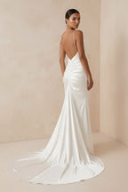 Robe de mariée ivoire satinée coupe fourreau à fines bretelles avec fente - Harana