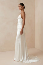 Robe de mariée ivoire satinée coupe fourreau à fines bretelles avec fente - Harana