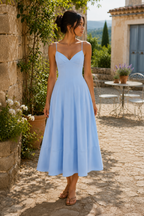 Robe bleue midi en coton coupe trapèze à fines bretelles - Harana