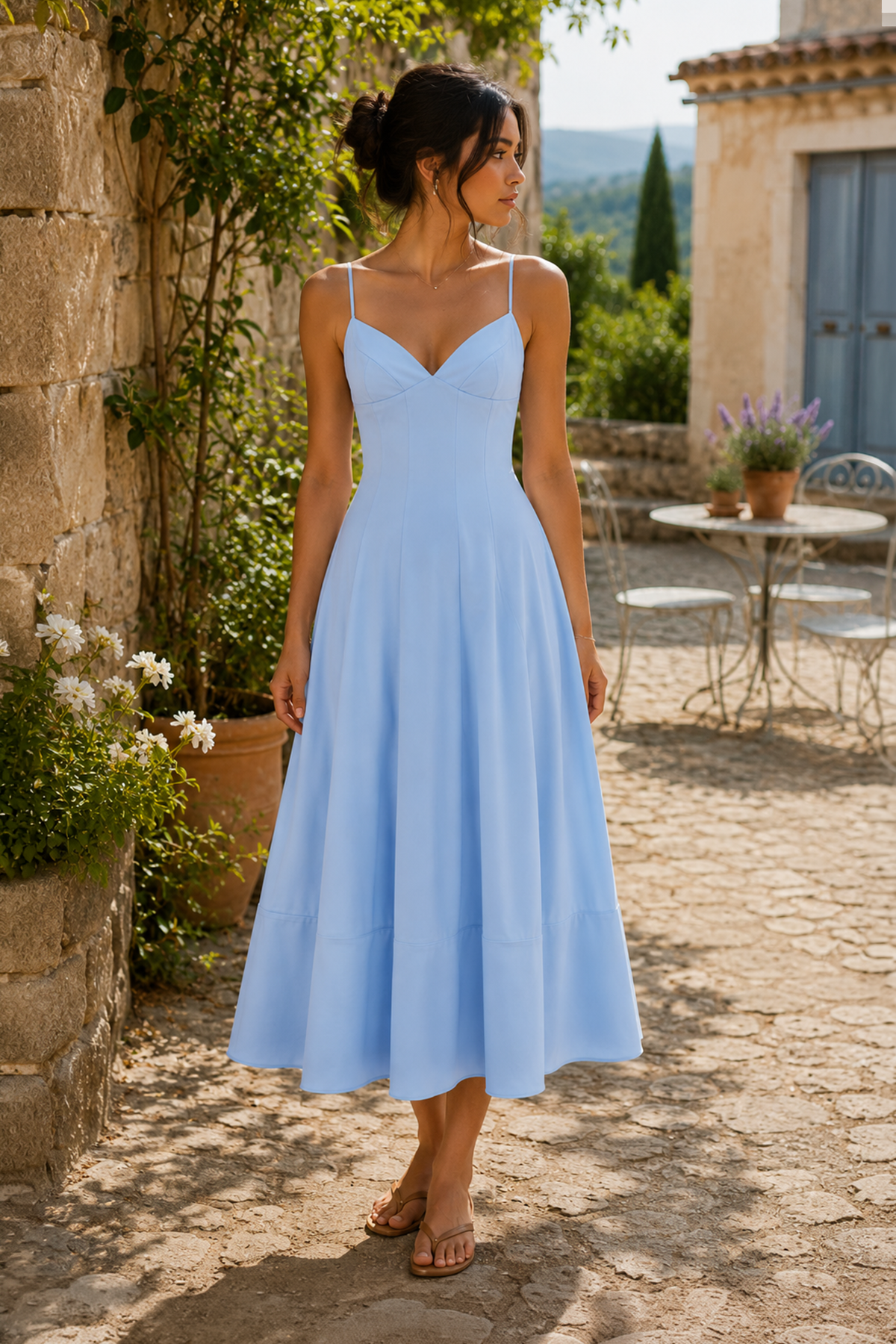 Robe bleue midi en coton coupe trapèze à fines bretelles - Harana