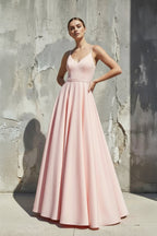 Robe longue rose coupe trapèze à fines bretelles - Harana