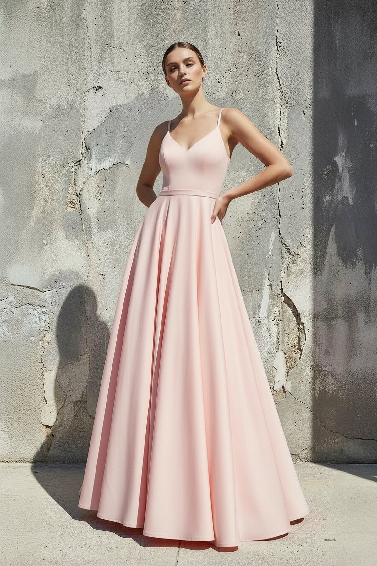 Robe longue rose coupe trapèze à fines bretelles - Harana