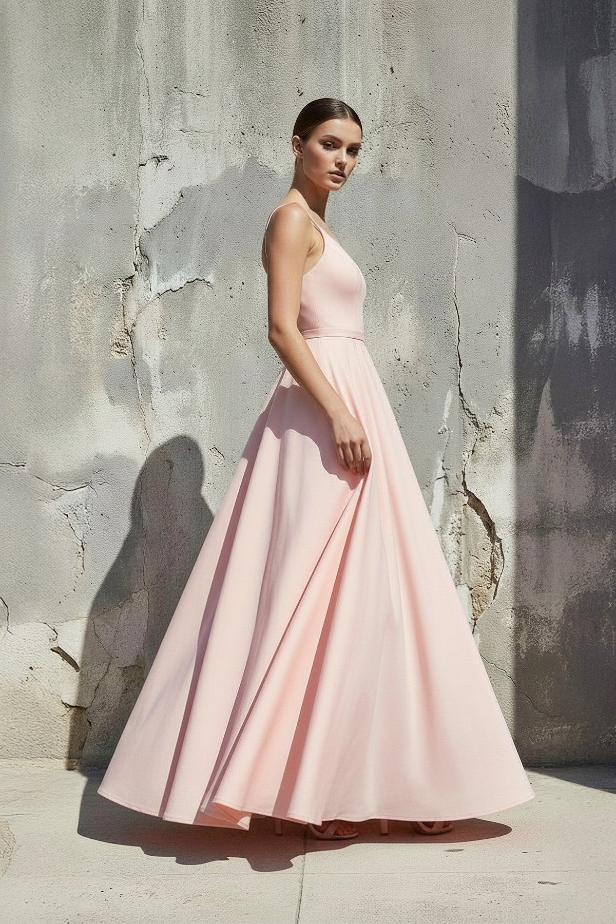 Robe longue rose coupe trapèze à fines bretelles - Harana