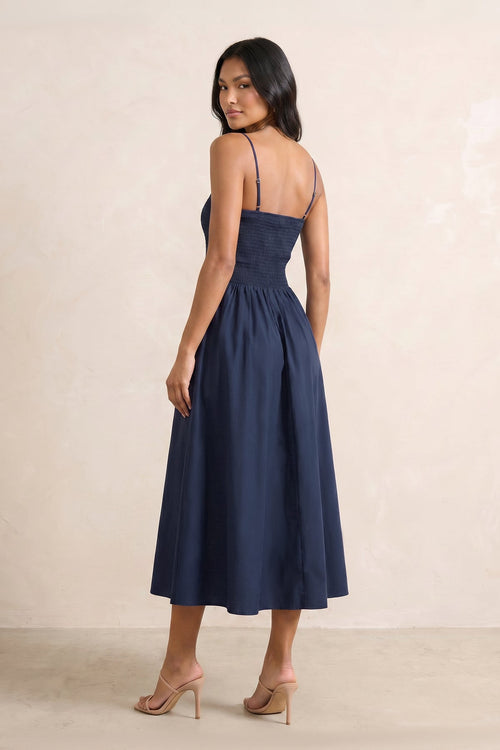 Robe bleu marine foncé midi en maille coupe trapèze à fines bretelles - Harana