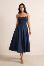 Robe bleu marine foncé midi en maille coupe trapèze à fines bretelles - Harana