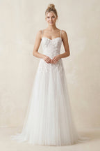 Robe de mariée blanche trapèze en tulle à fines bretelles sans manches - Harana