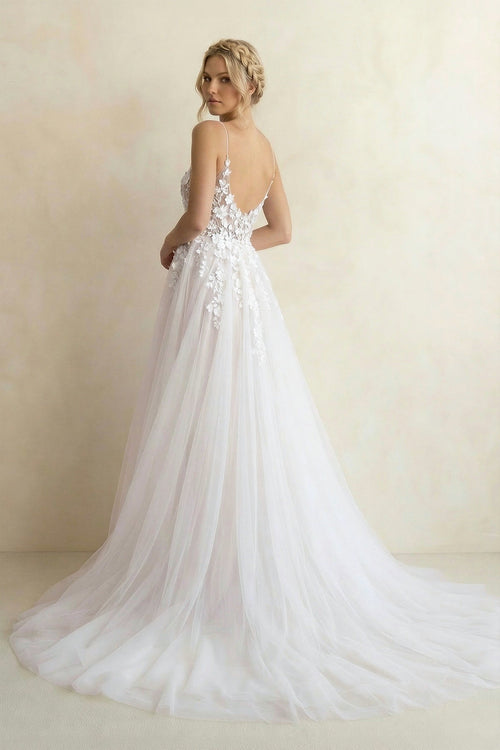 Robe de mariée blanche et nude trapèze en dentelle à col V - Harana