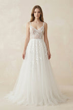Robe de mariée blanche trapèze en dentelle à fines bretelles sans manches - Harana
