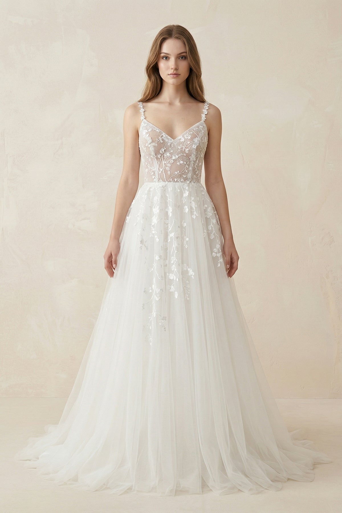 Robe de mariée blanche trapèze en dentelle à fines bretelles sans manches - Harana