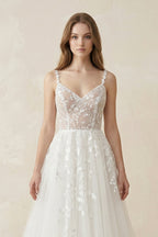 Robe de mariée blanche trapèze en dentelle à fines bretelles sans manches - Harana