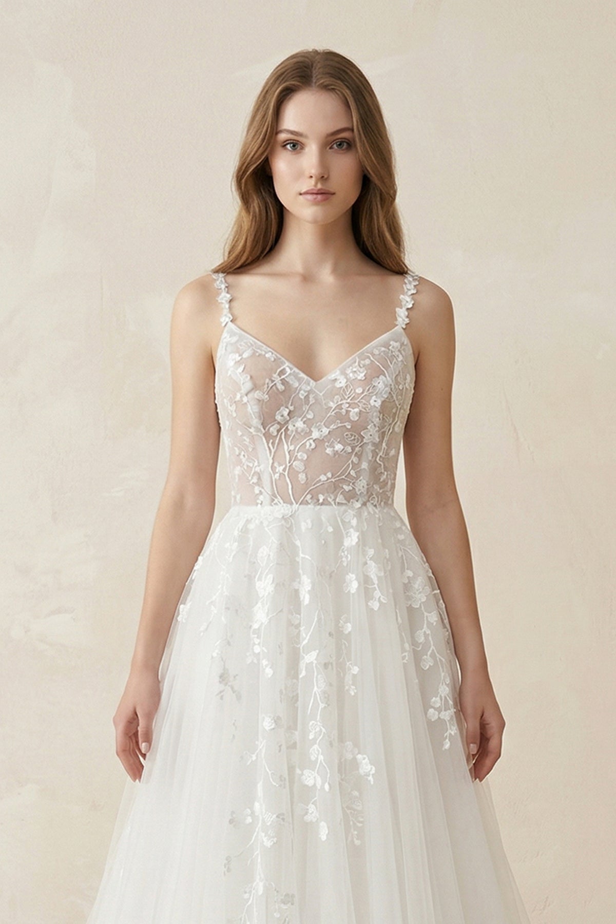 Robe de mariée blanche trapèze en dentelle à fines bretelles sans manches - Harana