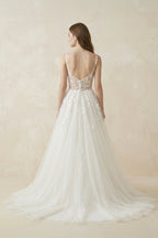 Robe de mariée blanche trapèze en dentelle à fines bretelles sans manches - Harana