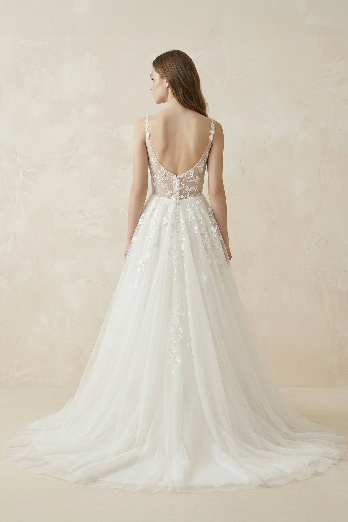 Robe de mariée blanche trapèze en dentelle à fines bretelles sans manches - Harana