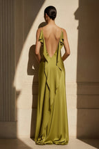 Robe longue satinée dos nu avec fente vert olive - Harana