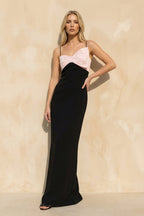 Robe longue black & pink à fines bretelles avec nœud - Harana