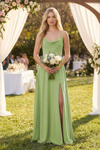 Robe demoiselle d’honneur matcha longue à fines bretelles sans manches avec fente - Harana