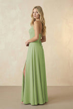 Robe demoiselle d’honneur matcha longue à fines bretelles sans manches avec fente - Harana