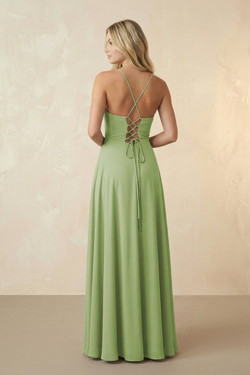Robe de demoiselle d’honneur vert matcha longue en mousseline coupe trapèze à fines bretelles - Harana