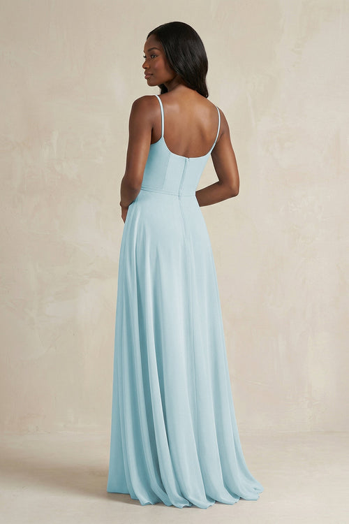 Robe de demoiselle d’honneur bleu ciel longue en mousseline coupe trapèze à fines bretelles - Harana