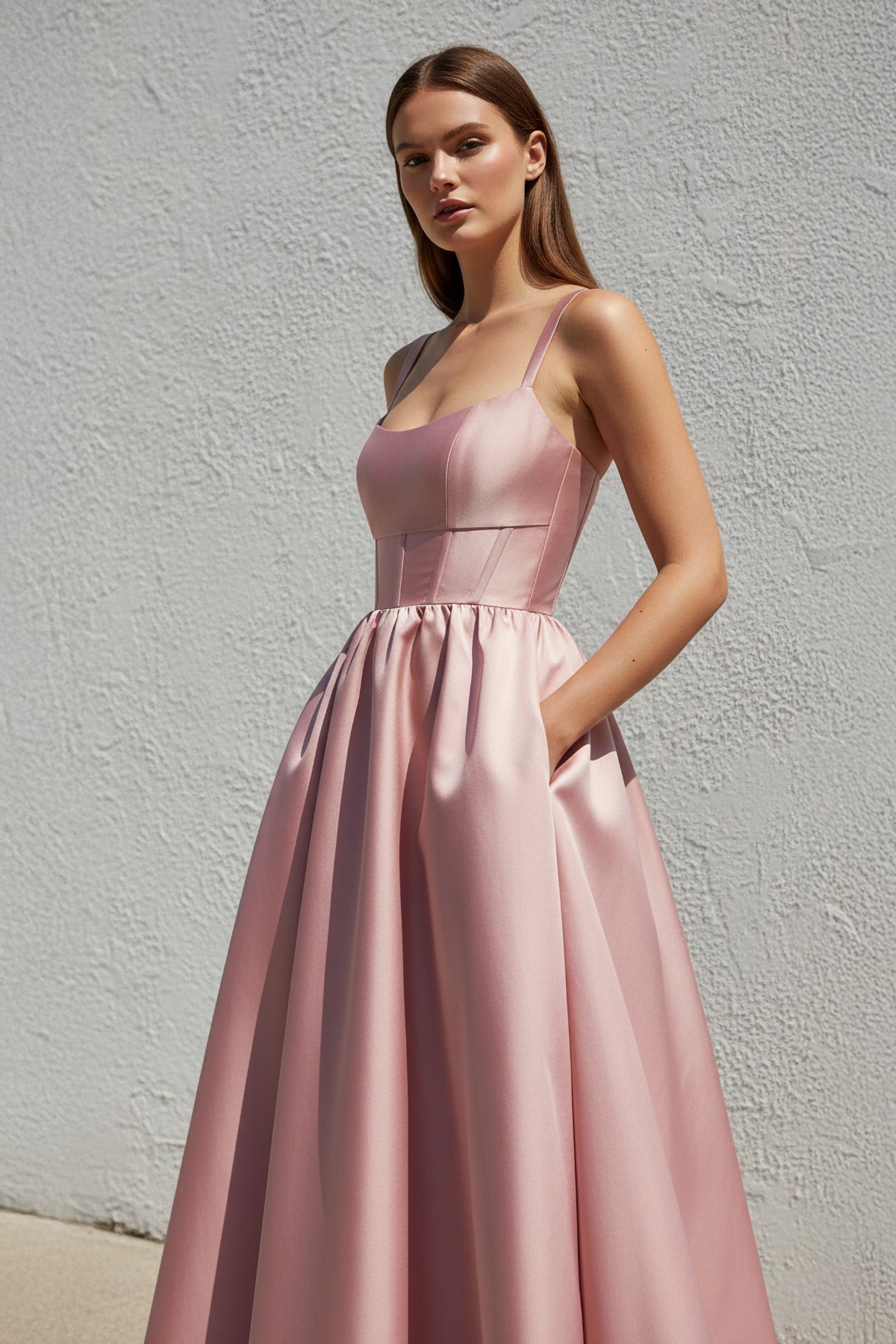 Robe longue rose satinée à fines bretelles à corset - Harana