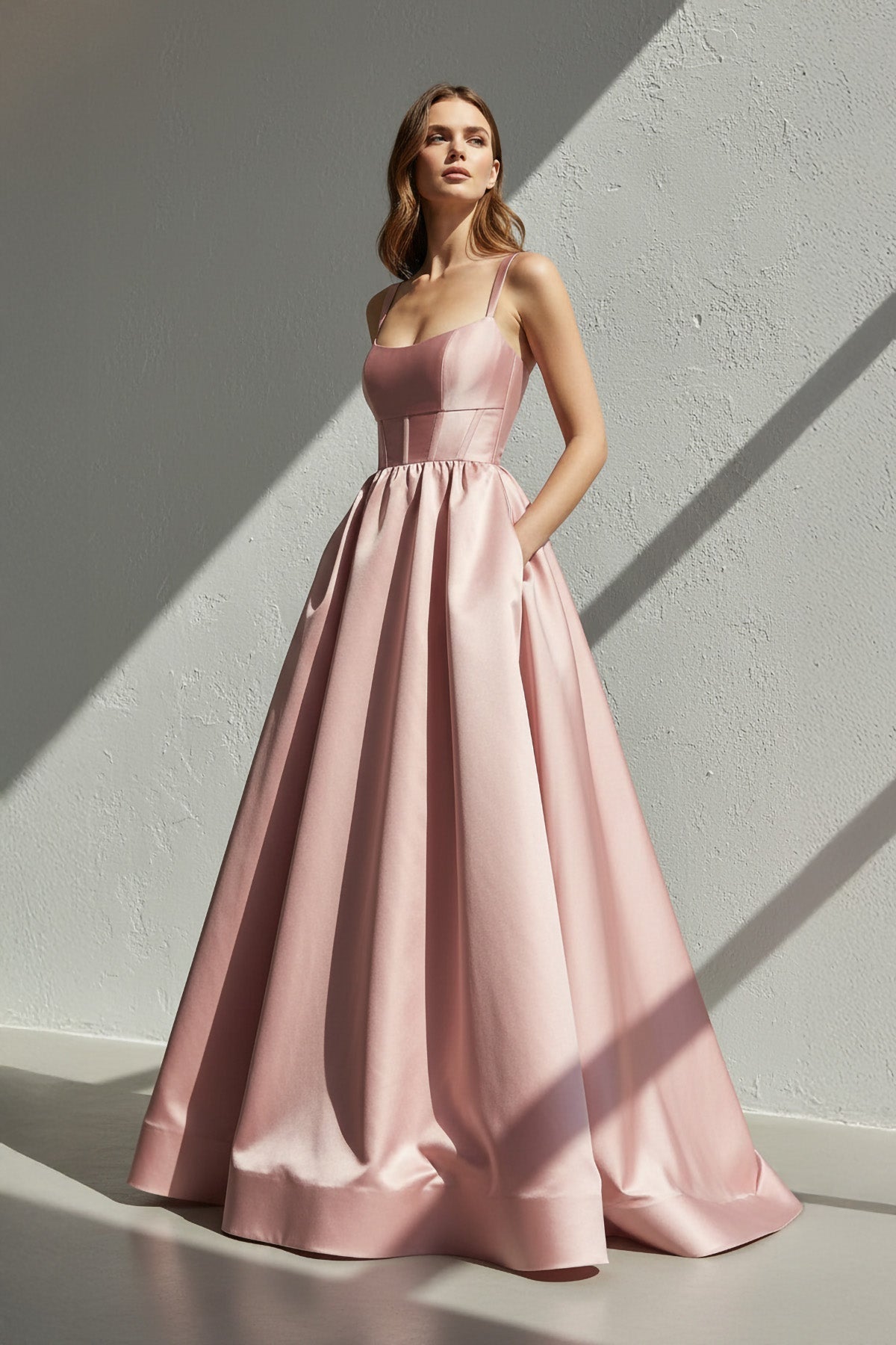 Robe longue rose satinée à fines bretelles à corset - Harana