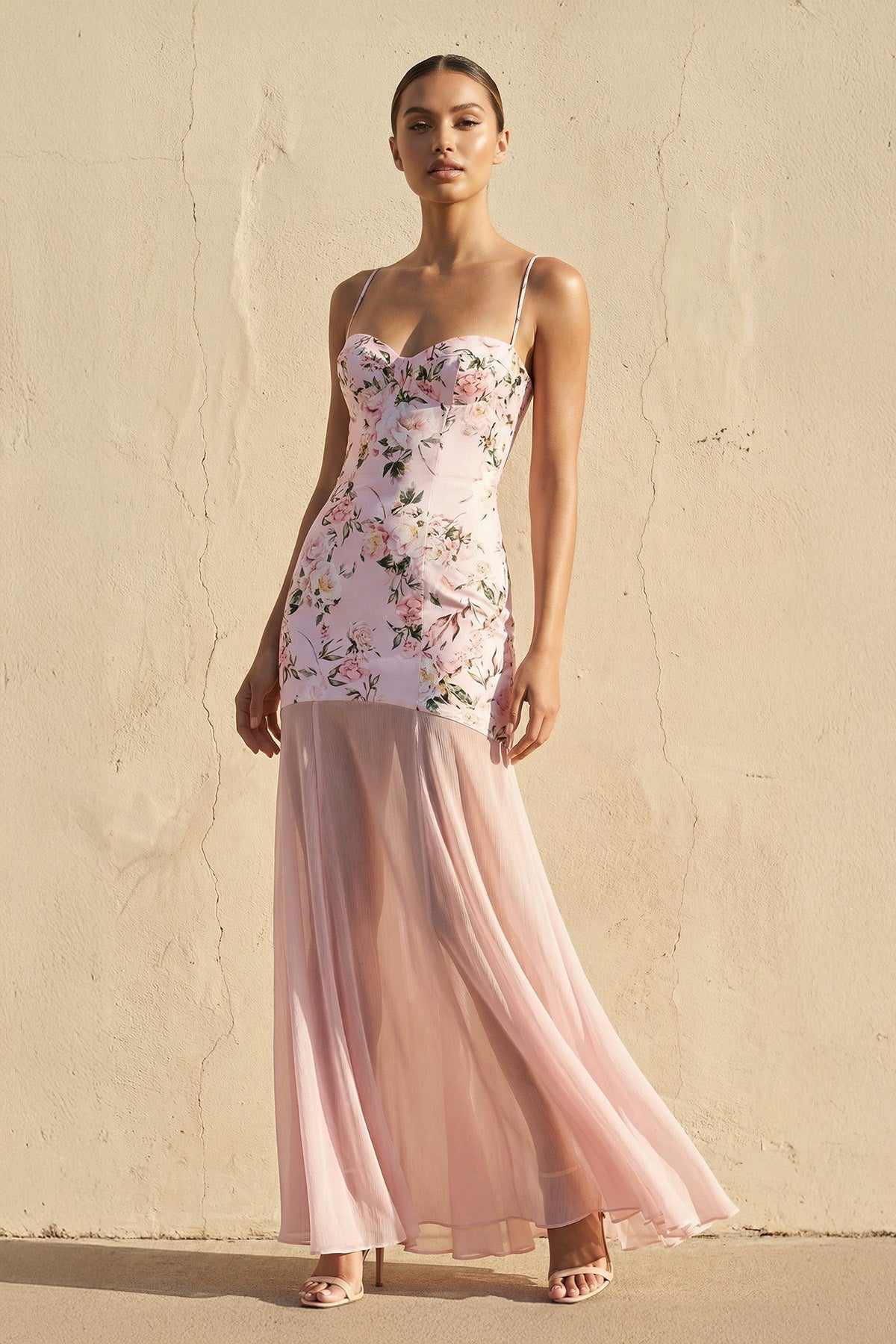Robe longue rose à fines bretelles - Harana