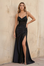 Robe longue noir en dentelle à fines bretelles - Harana