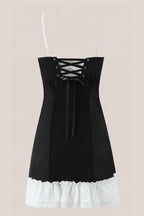 Robe noire courte en dentelle et coton coupe trapèze à fines bretelles - Harana