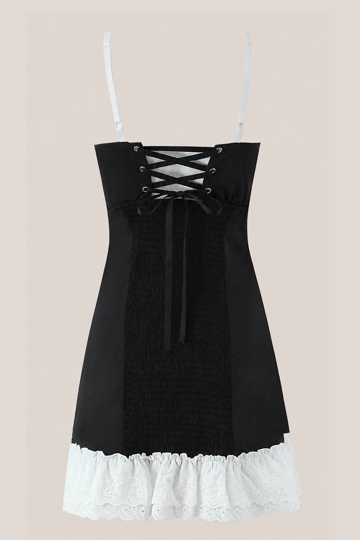 Robe noire courte en dentelle et coton coupe trapèze à fines bretelles - Harana