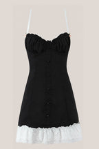 Robe noire courte en dentelle et coton coupe trapèze à fines bretelles - Harana