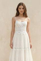Robe de mariée blanche trapèze en dentelle à fines bretelles sans manches - Harana